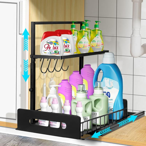 Yofidra Under Sink Organizers and Storage: 2 Tiers Kitchen Organizers and Storage, Adjustable Height Pull Out Sink Cabinet Organizer, Kitchen Cabinet Organizer with Strong Load-bearing Capacity